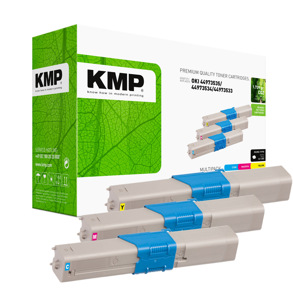 KMP Alternative für OKI 44973535, 44973534, 44973533 Tonerpatrone mit grünem Karton und OKI Kompatibilität