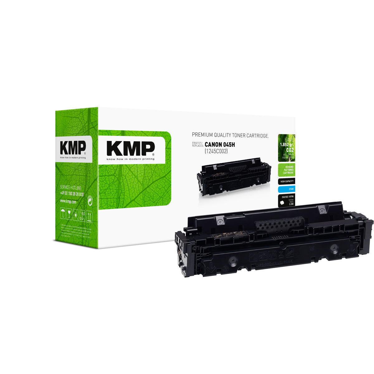 KMP Canon i-Sensys Toner 045H cyan, grüne Verpackung mit schwarzer Tonereinheit und Kartonansicht