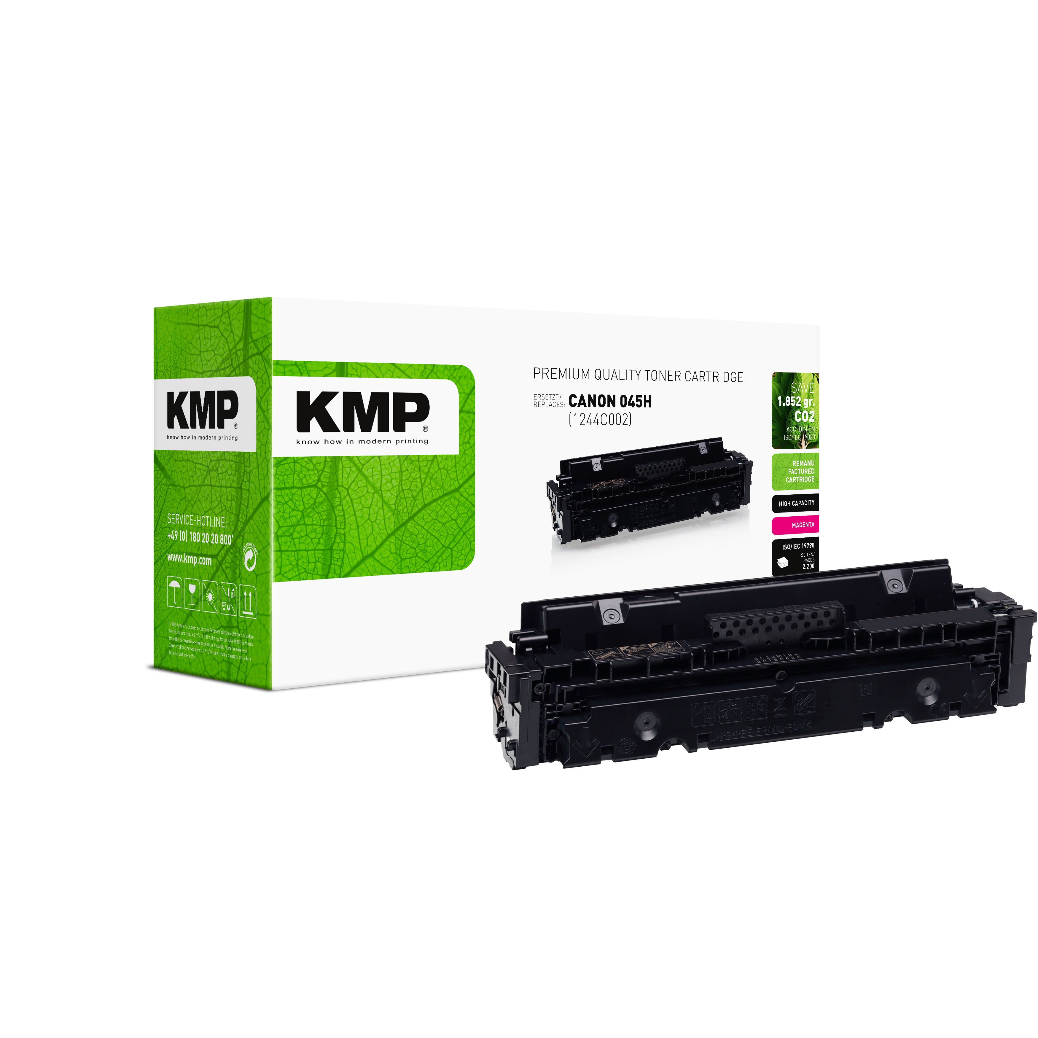 KMP Canon i-Sensys Tonerpatrone 045H magenta mit grünem Karton und schwarzem Tonerblock