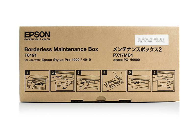 Epson C13T619100 Wartungsbox T6191 für Drucker, braune Kartonverpackung mit Schrittanleitung und Aufkleber