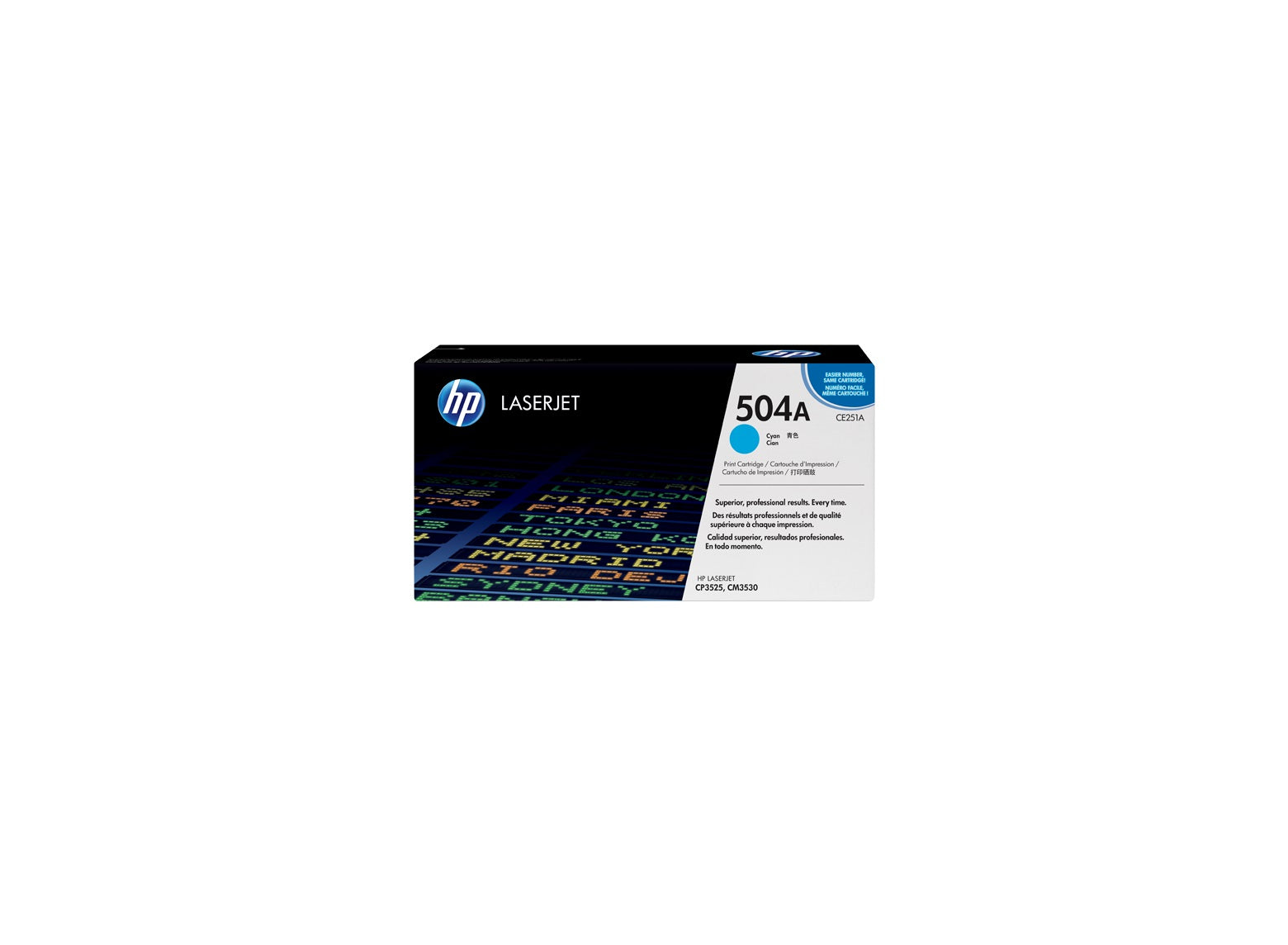 HP Toner CE251A 504A cyan LaserJet Tonerkartusche mit 504A Aufdruck auf schwarzer Verpackung