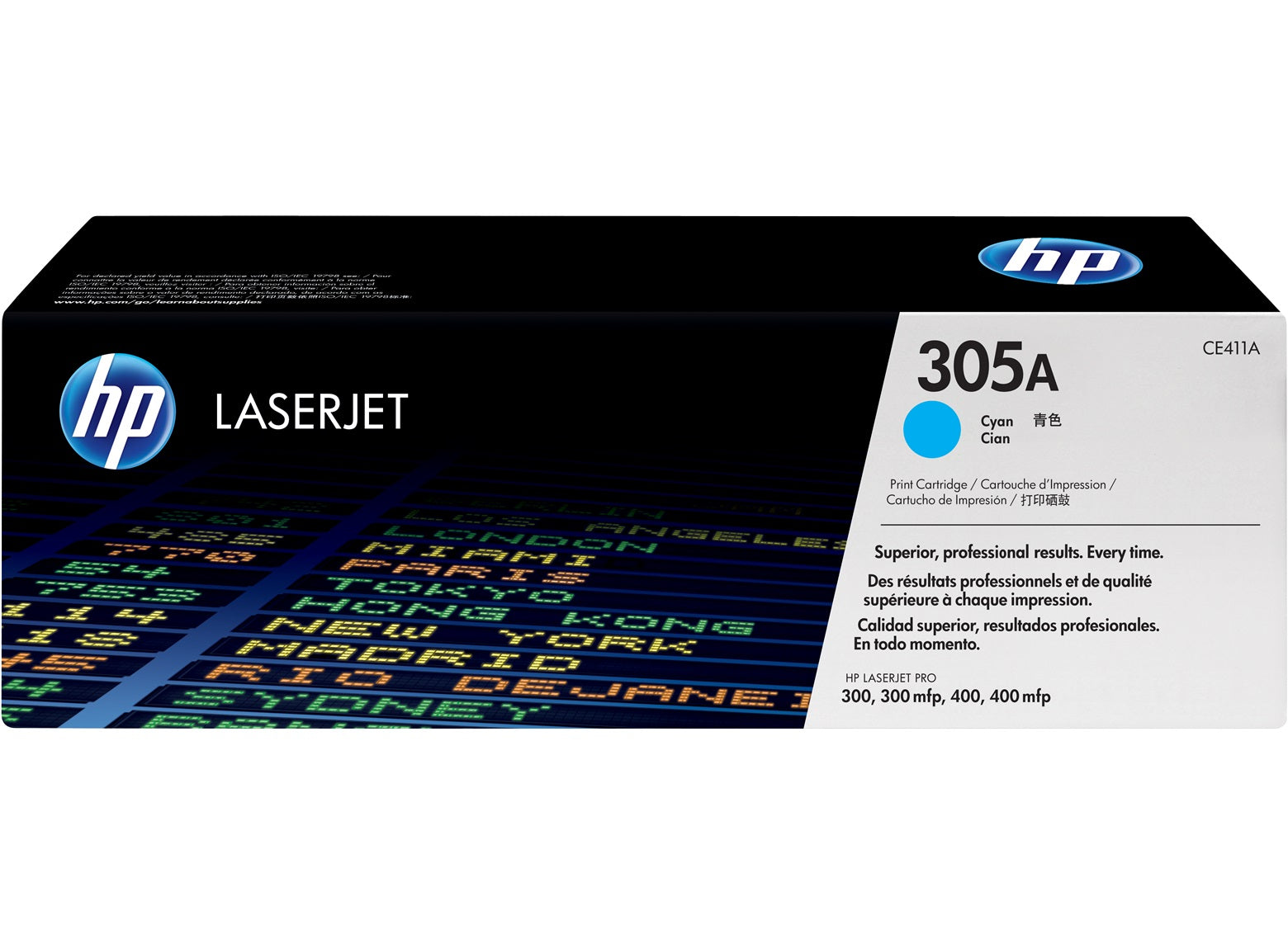 HP Toner CE411A 305A cyan LaserJet Tonerpatrone mit blauem Farbton auf schwarzer Verpackung