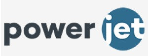 Logo mit dem Schriftzug power jet in dunkelblauer Schrift und blauem Kreis
